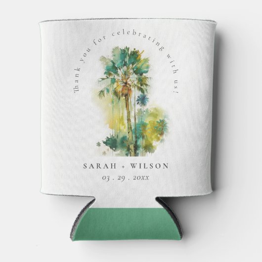 Dusky Green Tropical Waterverf Palm Trees Wedding Blikjeskoeler (Voorkant)