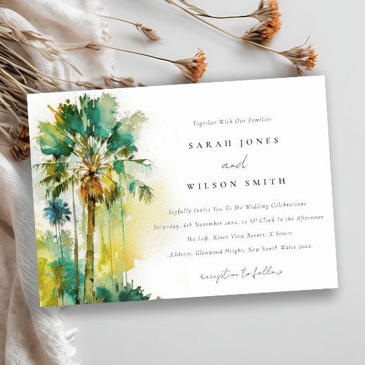 Dusky Green Tropical Waterverf Palm Trees Wedding Kaart