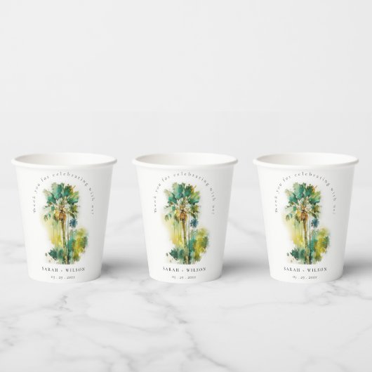Dusky Green Tropical Waterverf Palm Trees Wedding Papieren Bekers (Multi)
