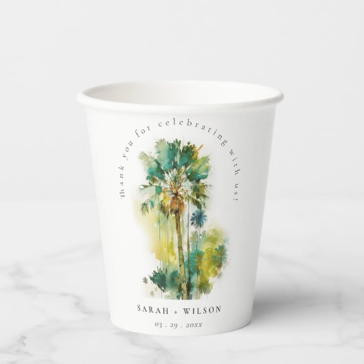 Dusky Green Tropical Waterverf Palm Trees Wedding Papieren Bekers (Voorkant)