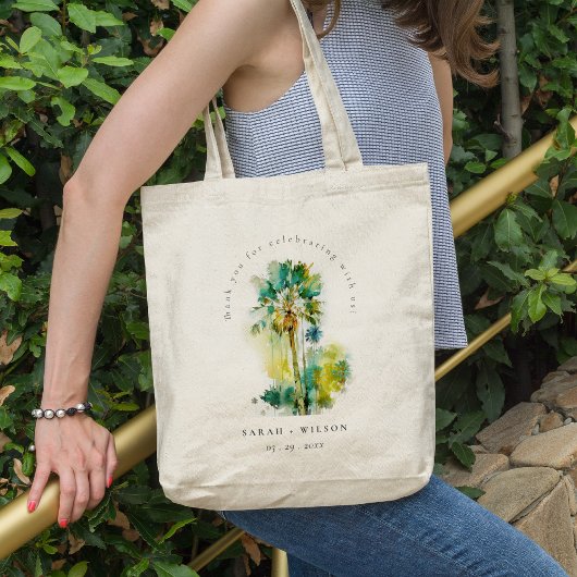 Dusky Green Tropical Waterverf Palm Trees Wedding Tote Bag