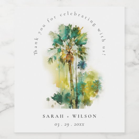 Dusky Green Tropical Waterverf Palm Trees Wedding Wijn Etiket (Enkel label)