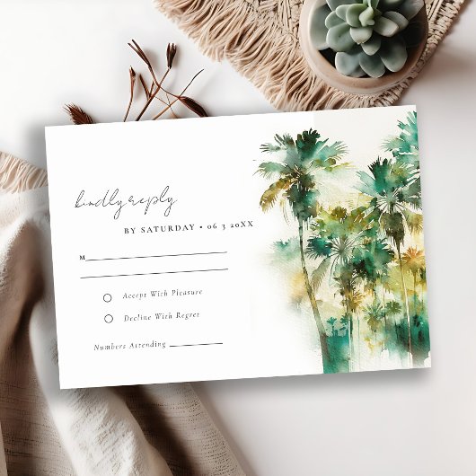 Dusky Green Yellow Tropical Palm Trees Wedding RSVP Kaartje
