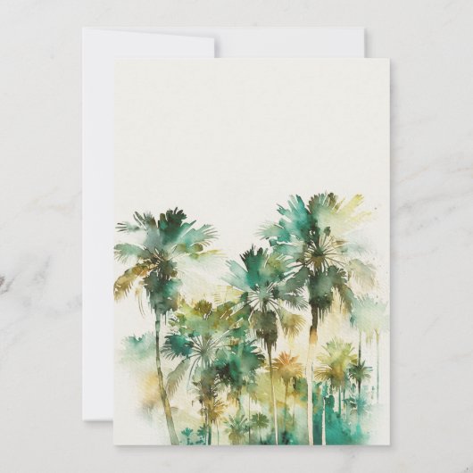 Dusky Green Yellow Tropical Waterverf Palm Trees Save The Date (Achterkant)