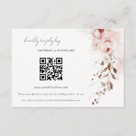 Dusky Herfst Marsala Bloemen Bruiloft QR Code RSVP Informatiekaartje (Voorkant)