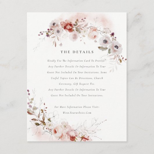 Dusky Herfst Marsala Blush Bloemen Bruiloft Detail Informatiekaartje (Voorkant)