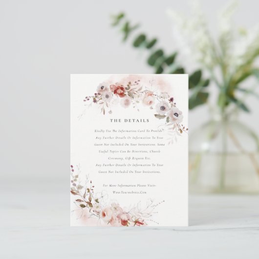 Dusky Herfst Marsala Blush Bloemen Bruiloft Detail Informatiekaartje (Staand voorkant)