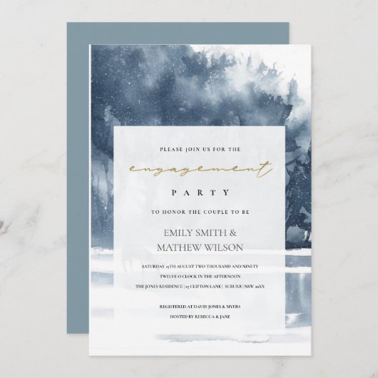 DUSKY INK BLUE FOREST LAKE PINE VERLOVING INVITE BEDANKKAART (Voorkant / Achterkant)