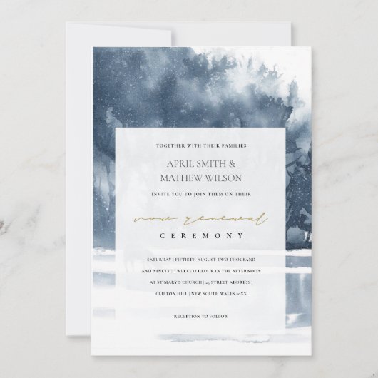 DUSKY INK BLUE FOREST LAKE PINE VOW RENEWAL INVITE BEDANKKAART (Voorkant)