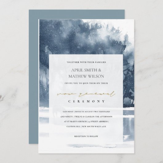 DUSKY INK BLUE FOREST LAKE PINE VOW RENEWAL INVITE BEDANKKAART (Voorkant / Achterkant)