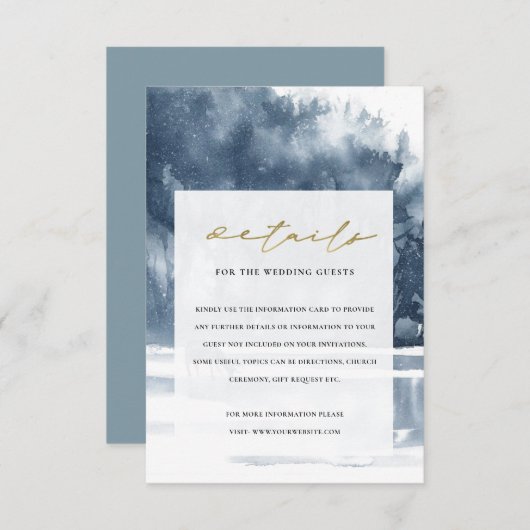 DUSKY INK BLUE FOREST LAKE PINE WEDDING DETAILS INFORMATIEKAARTJE (Voorkant / Achterkant)
