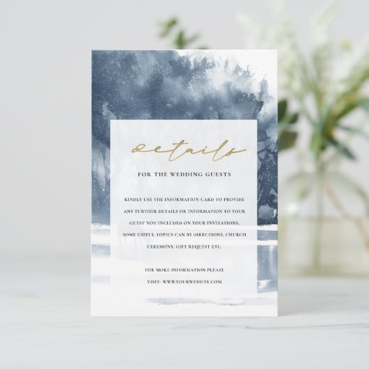 DUSKY INK BLUE FOREST LAKE PINE WEDDING DETAILS INFORMATIEKAARTJE (Staand voorkant)