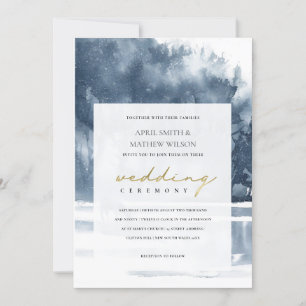 DUSKY INK BLUE FOREST LAKE PINE WEDDING INVITE BEDANKKAART