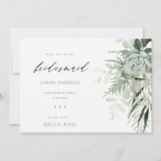 Dusky Leafy Fern Succulent Bridesmaid Invite Bedankkaart (Voorkant)