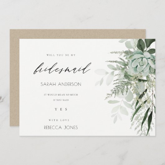 Dusky Leafy Fern Succulent Bridesmaid Invite Bedankkaart (Voorkant / Achterkant)