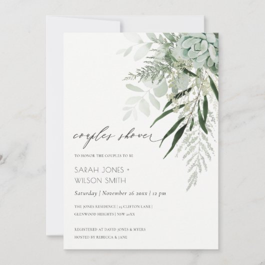 Dusky Leafy Fern Succulent Couples Shower Invite Bedankkaart (Voorkant)