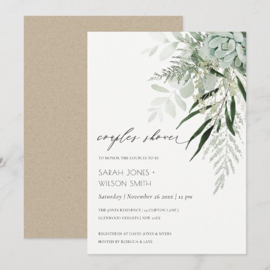 Dusky Leafy Fern Succulent Couples Shower Invite Bedankkaart (Voorkant / Achterkant)