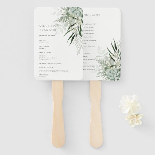 Dusky Leafy Fern Succulent Foliage Wedding Program Handwaaier (Voorkant en achterkant)
