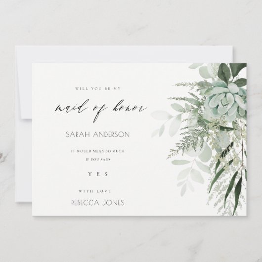 Dusky Leafy Fern Succulent Maid of Honor Invite Bedankkaart (Voorkant)
