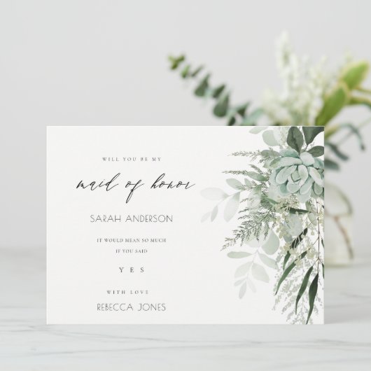 Dusky Leafy Fern Succulent Maid of Honor Invite Bedankkaart (Staand voorkant)