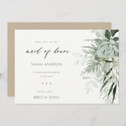 Dusky Leafy Fern Succulent Maid of Honor Invite Bedankkaart (Voorkant / Achterkant)