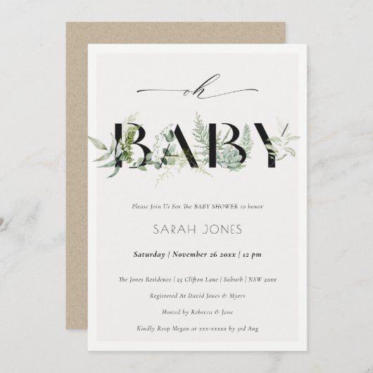 Dusky Leafy Fern Succulent Oh Baby shower Invite Bedankkaart (Voorkant / Achterkant)