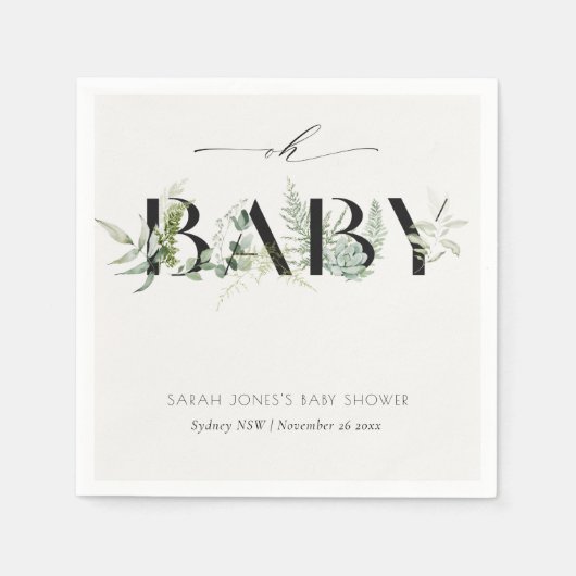 Dusky Leafy Fern Succulent Oh Baby shower Servet (Voorkant)