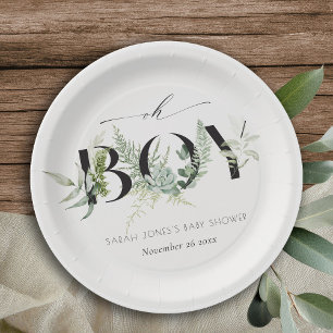 Dusky Leafy Fern Succulent Oh Boy Baby shower Papieren Bordje
