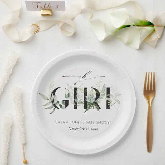 Dusky Leafy Fern Succulent Oh Girl Baby shower Papieren Bordje (Huwelijk)