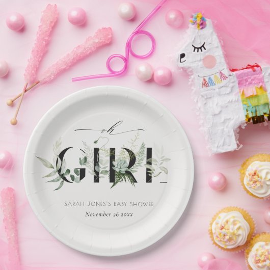 Dusky Leafy Fern Succulent Oh Girl Baby shower Papieren Bordje (Feest)