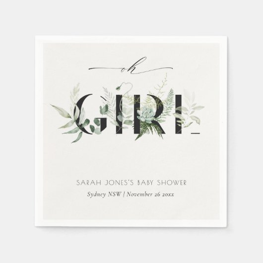Dusky Leafy Fern Succulent oh Girl Baby shower Servet (Voorkant)