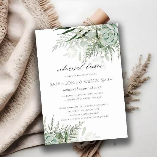 Dusky Leafy Fern Succulent Rehearsal Dinner Invite Bedankkaart