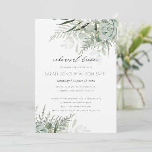 Dusky Leafy Fern Succulent Rehearsal Dinner Invite Bedankkaart (Staand voorkant)