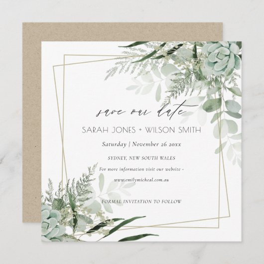 Dusky Leafy Fern Succulent Save the Date Kaart (Voorkant / Achterkant)