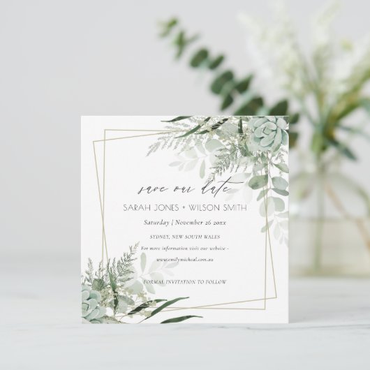 Dusky Leafy Fern Succulent Save the Date Kaart (Staand voorkant)