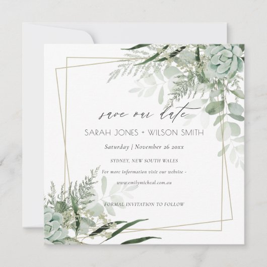 Dusky Leafy Fern Succulent Save the Date Kaart (Voorkant)