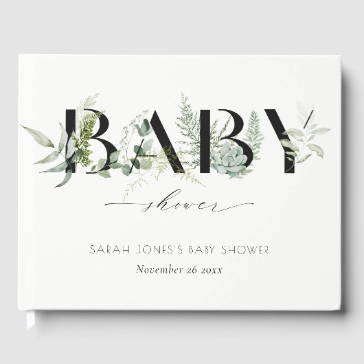Dusky Leafy Fern Succulent Script Baby shower Gastenboek (Voorkant)