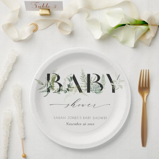 Dusky Leafy Fern Succulent Script Baby shower Papieren Bordje (Huwelijk)