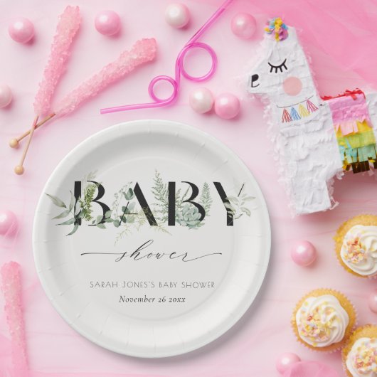 Dusky Leafy Fern Succulent Script Baby shower Papieren Bordje (Feest)