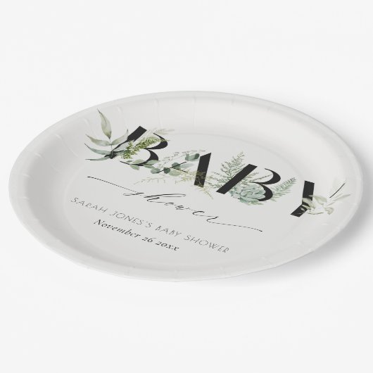 Dusky Leafy Fern Succulent Script Baby shower Papieren Bordje (Gekanteld)