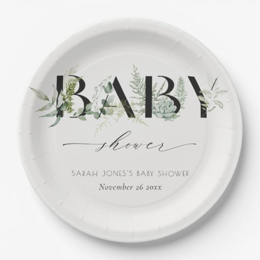 Dusky Leafy Fern Succulent Script Baby shower Papieren Bordje (Voorkant)