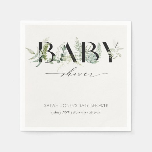 Dusky Leafy Fern Succulent Script Baby shower Servet (Voorkant)