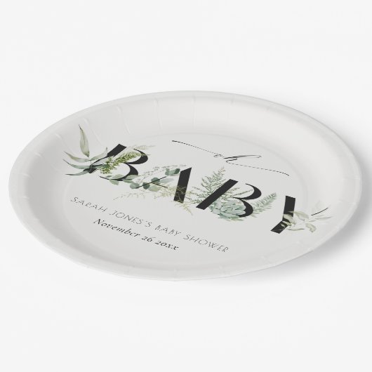 Dusky Leafy Fern Succulent Script Oh Baby shower Papieren Bordje (Gekanteld)