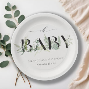 Dusky Leafy Fern Succulent Script Oh Baby shower Papieren Bordje
