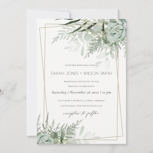Dusky Leafy Fern Succulent Wedding Lijst Invite Bedankkaart (Voorkant)