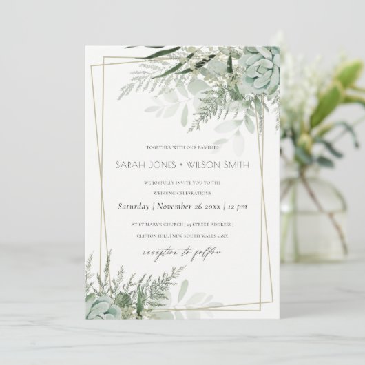 Dusky Leafy Fern Succulent Wedding Lijst Invite Bedankkaart (Staand voorkant)