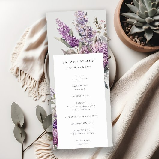 Dusky Lila Green Cottage Floral Wedding Programme Kaart