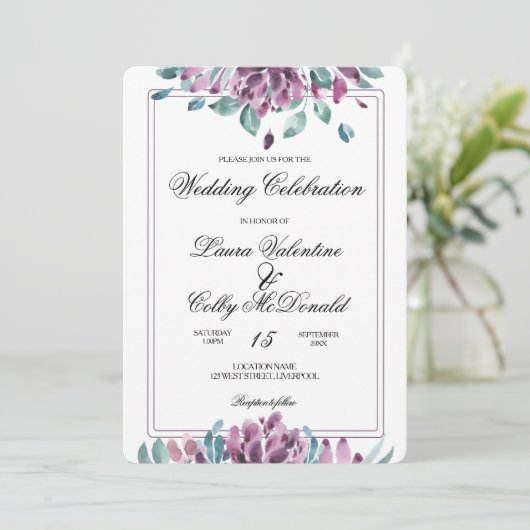 Dusky Paarse Floral Fall Wedding Uitnodiging (Staand voorkant)
