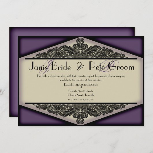 Dusky Paarse -monogrammed, bruiloft invitati Kaart (Voorkant / Achterkant)