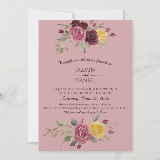 Dusky Pastel Watercolor Roses Maroon Invitation Kaart (Voorkant)